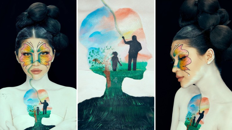 ác phẩm “Tuổi thơcùng cha” của Nhóm Win, gồm: Học viên Đỗ Thị Thái Bình (SN 2002), Hoàng ThịMinh Ánh (SN 2003) và Lâm Thị Yến Nhi (SN 2003) - Giải Ba Professional BeautyContest 2022. Tác phẩm sử dụng concept “hình trong hình”, với bên ngoài là hìnhảnh của một cô gái trưởng thành hồi tưởng lại thời điểm còn bé được cha dẫn đithả diều trong một buổi chiều nắng đẹp, đồng thời gợi ra tâm trạng tiếc nuối,mong ước được quay trở lại những ngày tuổi thơ.