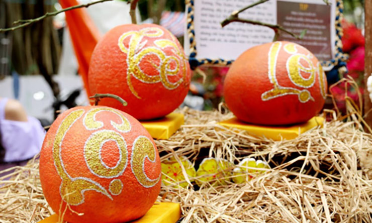 Loại bưởi đỏ được viết chữ thư pháp giá có thể lên tới 1-1,2 triệu đồng/quả nặng trên 2kg.