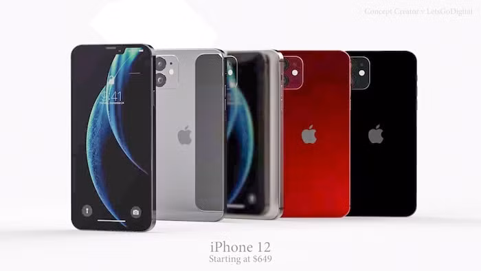 iPhone 12 có mức giá 649 USD, rẻ hơn 50 USD so với iPhone 11, đi kèm đó là nhiều tuỳ chọn màu sắc gồm: bạc, đen, đỏ và đen mờ. (Ảnh: LetsGoDigital x Concept Creator) 