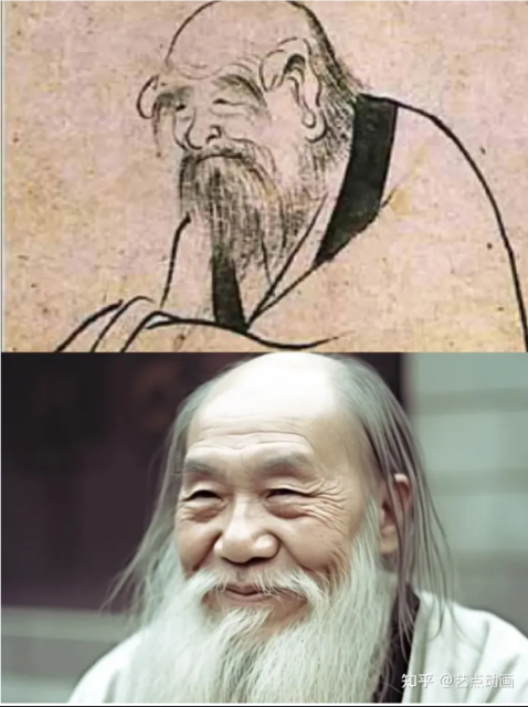  9. Lão Tử: Lão Tử được mô tả với những chi tiết như: Sinh ra đã cười; người mẹ mang thai ông 70 năm mới sinh ra ông, vì vậy, mới sinh ra tóc ông đã bạc trắng. Trí tuệ nhân tạo cũng cho rằng, Lão Tử là một ông lão có vẻ ngoài vô cùng thân thiện với nụ cười thường trực trên môi. Ông cũng có một bộ tóc và râu dài màu trắng.