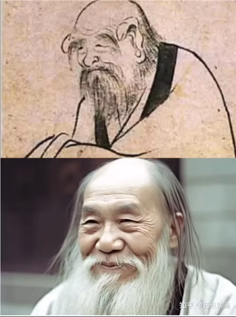  9. Lão Tử: Lão Tử được mô tả với những chi tiết như: Sinh ra đã cười; người mẹ mang thai ông 70 năm mới sinh ra ông, vì vậy, mới sinh ra tóc ông đã bạc trắng. Trí tuệ nhân tạo cũng cho rằng, Lão Tử là một ông lão có vẻ ngoài vô cùng thân thiện với nụ cười thường trực trên môi. Ông cũng có một bộ tóc và râu dài màu trắng.