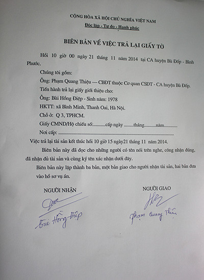 Biên bản trả lại giấy giới thiệu cho phóng viên Hồng Điệp của công an huyện Bù Đốp.
