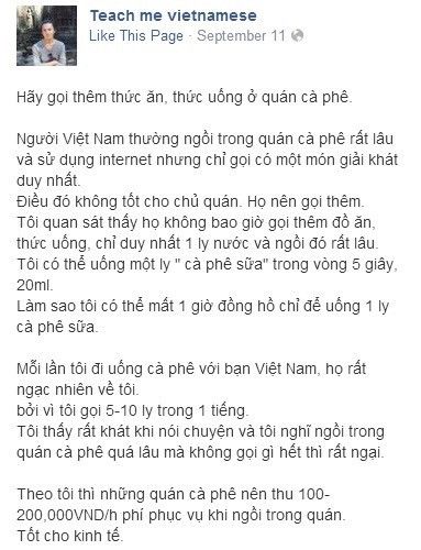 Bài viết nêu quan điểm "Nên thu thêm phí phục vụ với khách ngồi quá lâu trong quán cafe" để "Tốt cho kinh kinh tế" của chàng trai Nhật Risho Yoshida đăng trên trang mạng Teach me Vietnamese.