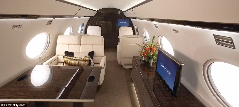 Gulfstream G650 có đủ chỗ có 18 hành khách, với nội thất sang trọng, bao gồm cả mini bar và bếp.