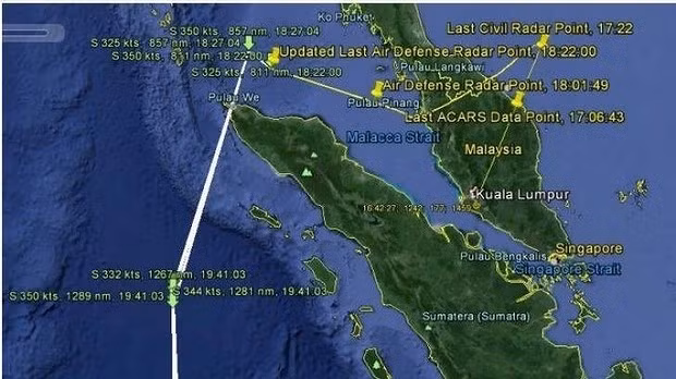 Đường bay được cho là của MH370 trước khi rơi.