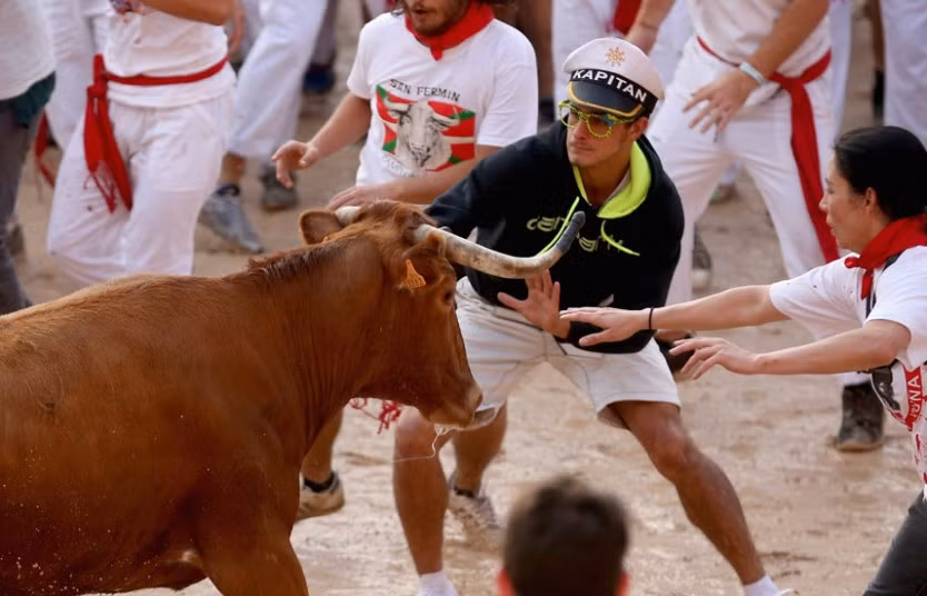 Mọi người cố gắng chặn một con bò tại lễ hội San Fermin 2014.