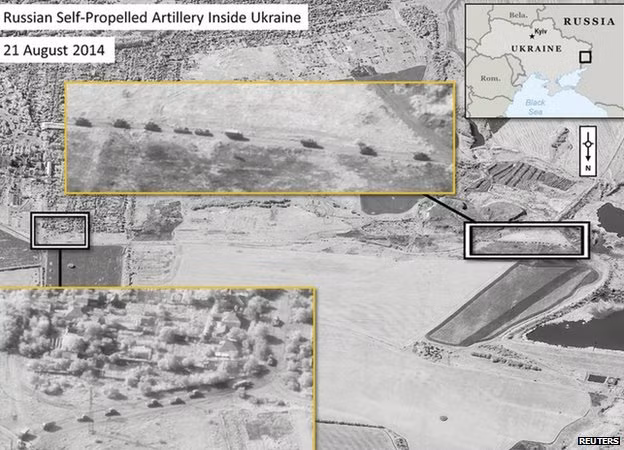 NATO công bố ảnh vệ tinh cho thấy pháo tự hành Nga trên đất Ukraine.