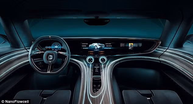 Siêu xe Quant e-Sportlimousine chứa dung dịch nước muối trong hai bình 200 lít, giúp xe có thể chạy liên tục 600km. Nội thất của xe được thiết kế vân gỗ và hệ thống giải trí dựa trên công nghệ Android.