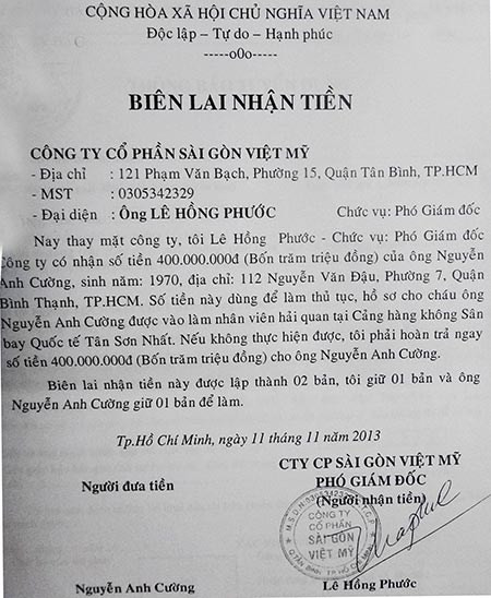 Giấy xác nhận nhận tiền vào sân bay làm việc của Công ty Cổ phần Sài Gòn Việt Mỹ. Ảnh: QUỲNH ANH