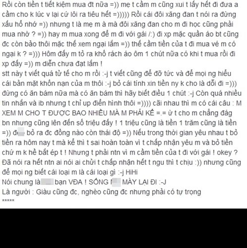 Ngoài những bức ảnh chụp tin nhắn trao đổi của hai người, Yến B còn đăng tải một bài viết rất dài kể về thói ăn ở khó chấp nhận của bạn trai với nhiều lần xin xỏ của anh này. Kể câu chuyện này, Yến B nhận được khá nhiều sự đồng cảm của cư dân mạng. Nhiều người khuyên cô nên cắt sạch mọi liên lạc với bạn trai ăn bám để khỏi bị làm phiền, không nhún nhường cho xin tiền một cách quá đáng như vậy.