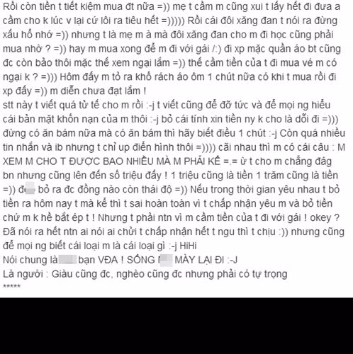 Ngoài những bức ảnh chụp tin nhắn trao đổi của hai người, Yến B còn đăng tải một bài viết rất dài kể về thói ăn ở khó chấp nhận của bạn trai với nhiều lần xin xỏ của anh này. Kể câu chuyện này, Yến B nhận được khá nhiều sự đồng cảm của cư dân mạng. Nhiều người khuyên cô nên cắt sạch mọi liên lạc với bạn trai ăn bám để khỏi bị làm phiền, không nhún nhường cho xin tiền một cách quá đáng như vậy.