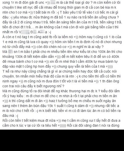 Yến B còn cho biết, chàng trai tên V.Đ.A này có kiểu ăn bám cô suốt từ những ngày đầu mới yêu nhau cho đến khi chia tay. Chàng trai này còn bị bạn gái tố "nói chuyện với nhau chưa được 1 ngày đã đòi mua quà ăn sáng cho".