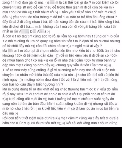 Yến B còn cho biết, chàng trai tên V.Đ.A này có kiểu ăn bám cô suốt từ những ngày đầu mới yêu nhau cho đến khi chia tay. Chàng trai này còn bị bạn gái tố "nói chuyện với nhau chưa được 1 ngày đã đòi mua quà ăn sáng cho".