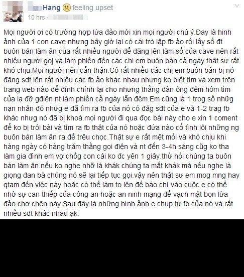 Tuy nhiên theo phản ảnh của nhiều người dùng Facebook, họ phát hiện ra những số điện thoại được sử dụng để liên hệ gái gọi là những số đánh cắp của người khác. Người bị mất số điện thoại thường xuyên bị quấy rầy bởi những cuộc gọi "đặt lịch" đi khách suốt sáng, tối. Nhiều gia đình còn bị ảnh hưởng, nảy sinh mâu thuẫn về những cuộc gọi của kẻ "hám của lạ".