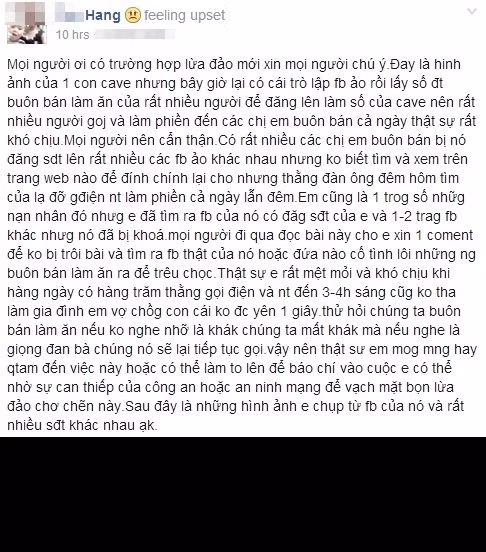 Tuy nhiên theo phản ảnh của nhiều người dùng Facebook, họ phát hiện ra những số điện thoại được sử dụng để liên hệ gái gọi là những số đánh cắp của người khác. Người bị mất số điện thoại thường xuyên bị quấy rầy bởi những cuộc gọi "đặt lịch" đi khách suốt sáng, tối. Nhiều gia đình còn bị ảnh hưởng, nảy sinh mâu thuẫn về những cuộc gọi của kẻ "hám của lạ".