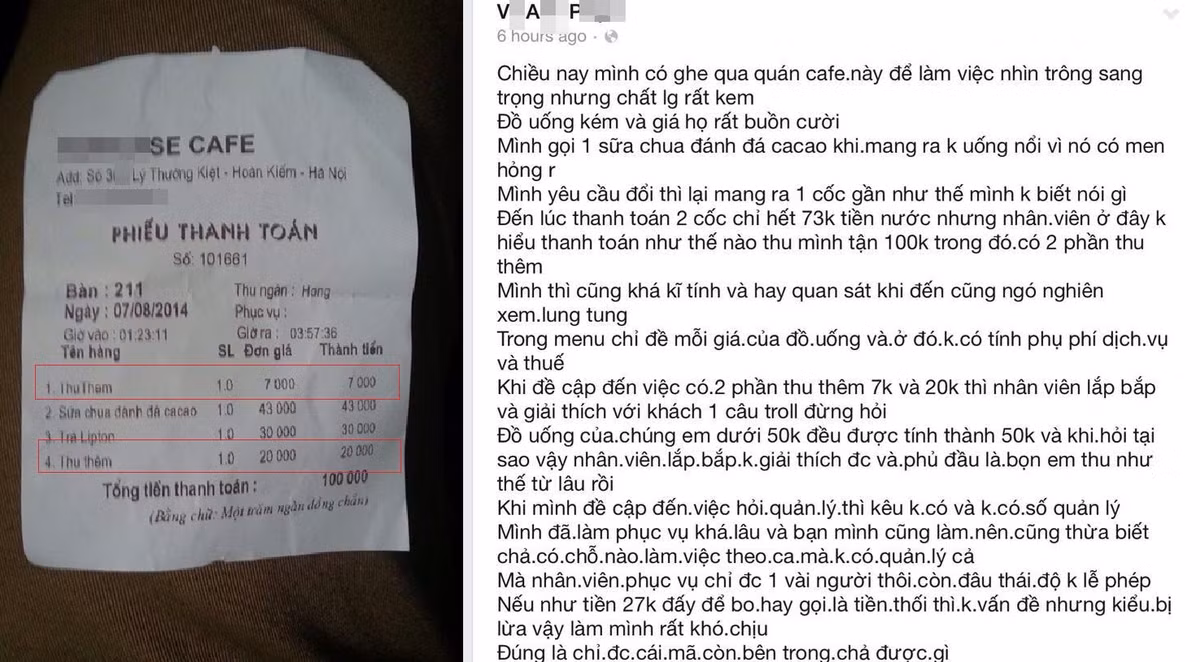 Ảnh chụp tờ hóa đơn tại quán cafe "Thiên đường" với hai khoản phụ thu vô lý.