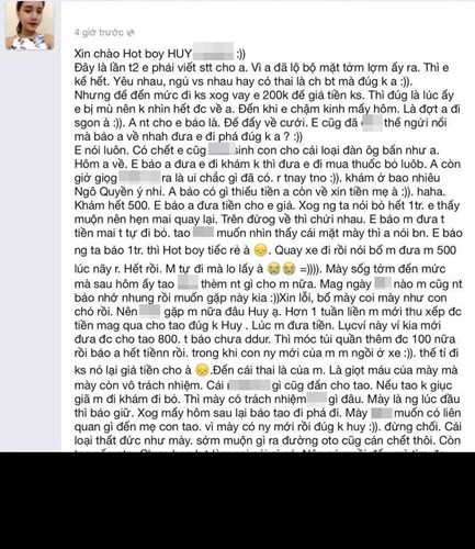 Theo như những gì L.S.M kể thì bạn trai của cô luôn mang danh là hot boy nhưng khi được cô yêu cầu có trách nhiệm giải quyết khi hai người có con với nhau, anh này tỏ ra rất "nhếch nhác". Cô gái xin bạn trai 1 triệu đồng để phá thai nhưng bạn trai cự tuyệt và nhắc người yêu chọn mua thuốc Misoprotol có giá 5 nghìn đồng để hủy thai.