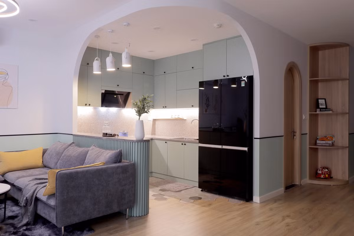 Gia chu quanh nam thu thai nho thiet ke can ho Vintage mau xanh mint