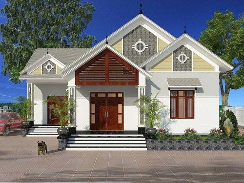 Mẫu nhà này cũng sử dụng mái thái giật cấp và đăng đối, hệ thống cửa sổ kết hợp với cửa nhôm xingfa vân gỗ tự nhiên giúp căn nhà có mặt tiền ấn tượng.