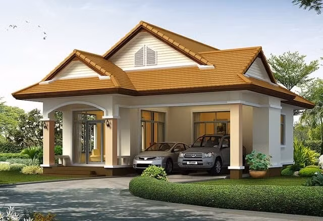 Thiết kế mái thái giúp tạo nên nét mềm mại cho mẫu nhà này. Bên cạnh đó nó cũng mang đến vẻ sang trọng, trang nhã của căn nhà. Phần lớn không gian mặt tiền của ngôi nhà gia chủ dùng làm nơi để gara ô tô.