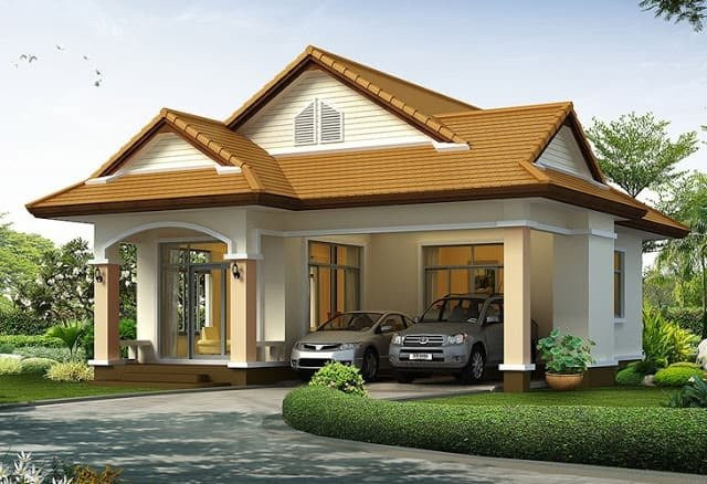 Thiết kế mái thái giúp tạo nên nét mềm mại cho mẫu nhà này. Bên cạnh đó nó cũng mang đến vẻ sang trọng, trang nhã của căn nhà. Phần lớn không gian mặt tiền của ngôi nhà gia chủ dùng làm nơi để gara ô tô.