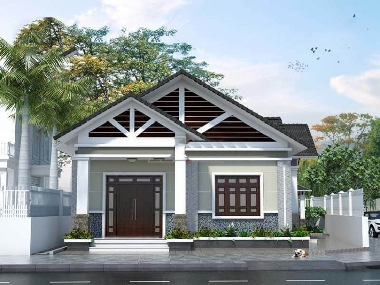 Ngôi nhà sử dụng mái thái, tạo điểm nhấn bằng các đường kẻ ngang trắng trên nền nâu. Ngoài ra, hệ thống cửa gỗ kết hợp với kính mang lại sự thông thoáng. Không gian trong nhà tận dụng được nguồn sáng tự nhiên bên ngoài.