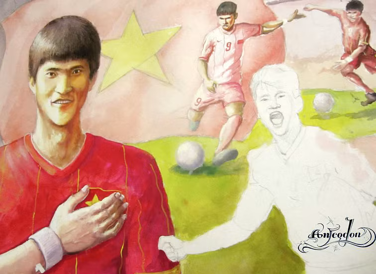 Một họa sĩ trẻ khác cũng sát cánh cùng tuyển Việt Nam dịp này là An Thắng (Ancodon). Anh đang thực hiện loạt tranh chân dung danh thủ Việt Nam. Công Vinh là một nhân vật. (Tranh: An Thắng).