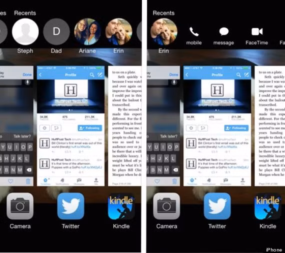 Tìm danh bạ dễ dàng hơn với iOS 8. Khi bạn nhấp đúp vào nút Home, danh sách các liên hệ gần đây của bạn sẽ hiển thị, bạn chỉ cần vuốt màn hình sang phải, danh bạ yêu thích sẽ xuất hiện và bạn có thể gọi điện, nhắn tin ngay tức thì.