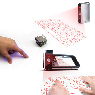  10. Bàn phím vô hình. Năm 2002, hãng Canesta muốn đưa tính năng di động áp dụng cho bàn phím với mục đích bỏ xa những đối thủ cạnh tranh hiện tại. Hãng sử dụng mô hình ánh sáng hồng ngoại để chiếu bàn phím ảo và theo dõi chuyển động của ngón tay. Bộ cảm biến có kích cỡ bằng hạt đậu của bàn phím sẽ lần theo những lần nhấn nút trên bàn phím ảo.