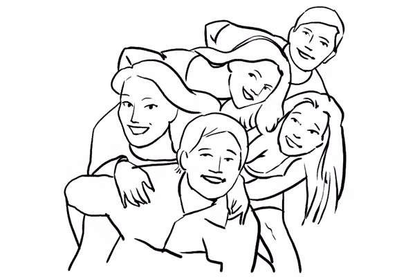 8. Kiểu ảnh này rất thú vị và bổ ích khi chụp một nhóm nhỏ. Chọn một "trưởng nhóm" và đưa người đó ra phía trước, những người còn lại đan xen nhau nghiêng người về hai phía, sao cho người đứng sau hướng về phía máy ảnh qua vai người đứng trước, có thể hơi tựa vào người đứng trước một chút để tạo thêm sự thân ái giữa những người bạn.