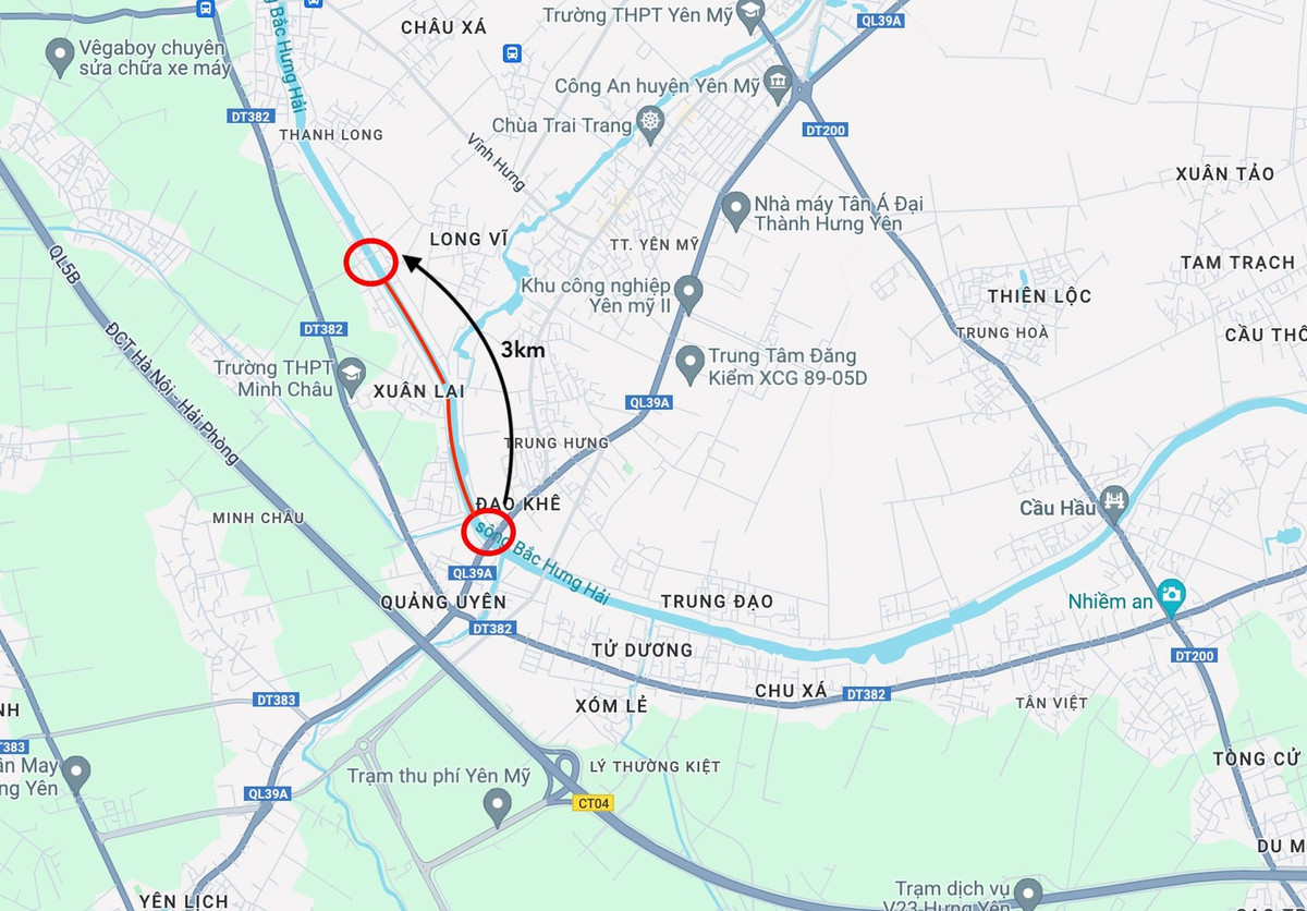 Khu vực phát hiện thi thể 3 bố con anh C. trong phạm vi khoảng 3km (Ảnh: Googlemap).