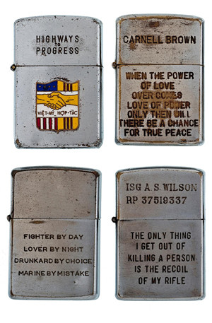 Một số chiếc bật lửa mang thông điệp khinh thường kẻ thù trong khi một số khác lại phản ánh khát vọng hòa bình.