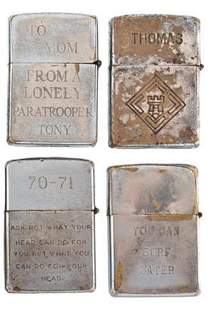 Nhiều chiếc bật lửa thể hiện nỗi nhớ nhà, nhớ quê hương xen lẫn cả sự thất vọng. Một chiếc khắc: "Gửi mẹ. Từ con Tony, người lính dù cô đơn".