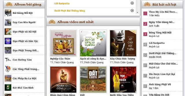 12. Pháp thoại của Thượng tọa Thích Chân Quang: Tổng hợp những bài pháp thoại, ca nhạc Phật giáo của Thượng tọa Thích Chân Quang. Website: http://www.thichchanquang.com/. Lưu ý: Ngoài những trang tin BBT cung cấp ở trên, độc giả có thể vào youtube để xem các pháp thoại của nhiều chư Tôn đức giảng sư khác.