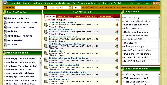 8. Tịnh độ: Đại đức Thích Tâm Quán, chùa Diên Quang (Bắc Ninh) chịu trách nhiệm nội dung. Tổng hợp các nội dung về sách đọc, phim Phật giáo, nhạc Phật giáo, kinh tụng, pháp thoại...về pháp môn Tịnh Độ. Website: http://tinhdo.com.vn/.