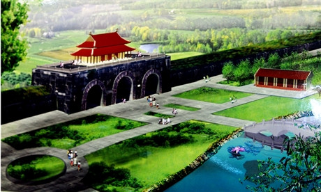 Có danh phận là kinh đô vọn vẻn chưa đầy chục năm với triều nhà Hồ, nhưng thành nhà Hồ lại có sức sống đến trường bền, được biết đến rộng lớn. Ảnh: Mô hình giả định Vong lâu ở cổng Nam thành nhà Hồ sau khi phục dựng.