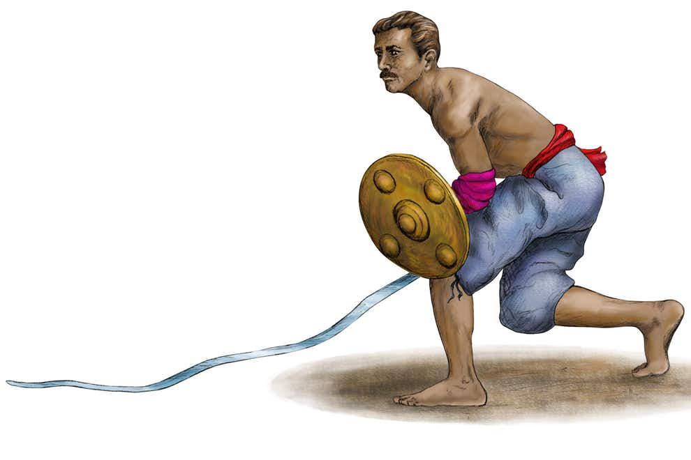 Loại kiếm đặc biệt này có nguồn gốc từ phía nam Ấn Độ, là vũ khí của võ Kalaripayattu cổ truyền. Việc giao tranh bằng Urumi được ví như một điệu nhảy duyên dáng nhưng chết chóc, và loại kiếm này cũng được xem là loại kiếm đáng sợ nhất thế giới, còn hơn cả thanh Katana nổi tiếng của người Nhật. Ảnh: Kerala Tourism.