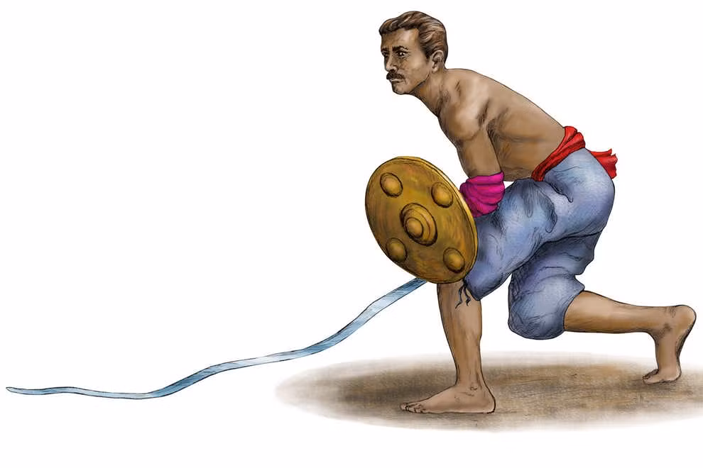 Loại kiếm đặc biệt này có nguồn gốc từ phía nam Ấn Độ, là vũ khí của võ Kalaripayattu cổ truyền. Việc giao tranh bằng Urumi được ví như một điệu nhảy duyên dáng nhưng chết chóc, và loại kiếm này cũng được xem là loại kiếm đáng sợ nhất thế giới, còn hơn cả thanh Katana nổi tiếng của người Nhật. Ảnh: Kerala Tourism.