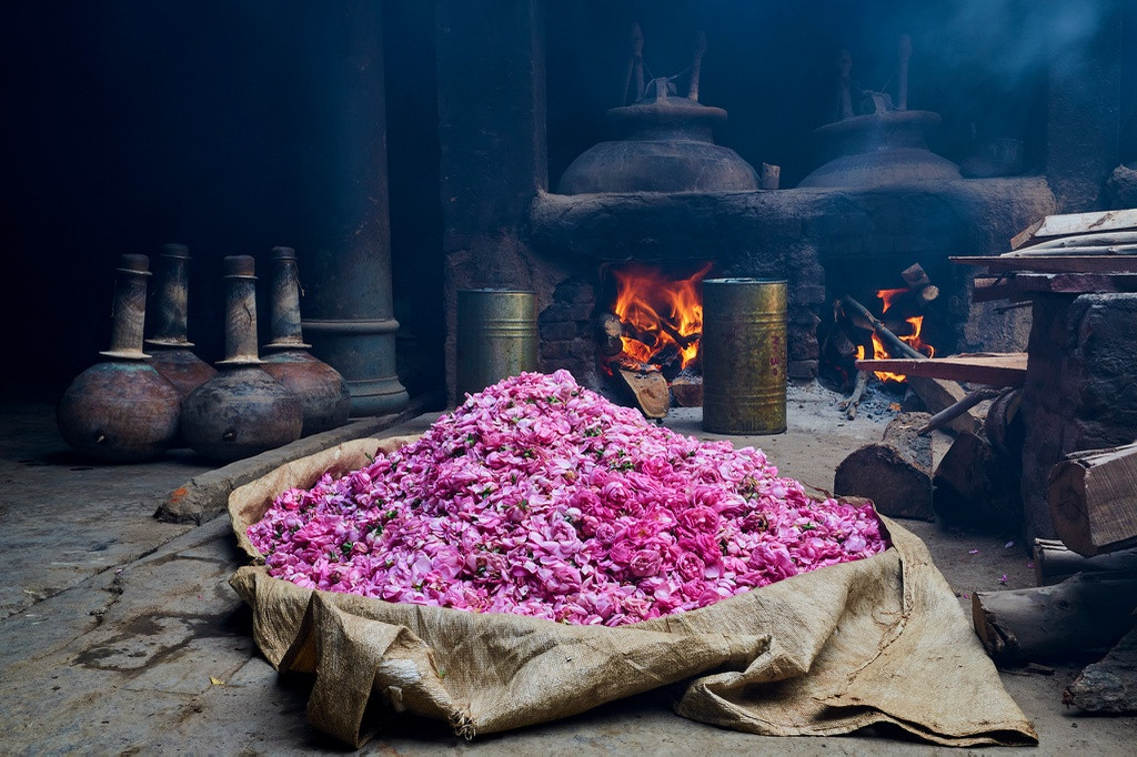 br/> Những cánh hoa sẽ được cho vào các chum đồng và đóng chặt bằng đất sét. Sau khi những người thợ đóng kín miệng chum, hoa được đem đun nhỏ lửa. Hơi nước chảy qua một cây lau sậy bằng tre và chuyển hướng vào một chiếc nồi đồng chứa tinh dầu đàn hương. Theo truyền thống, dầu gỗ đàn hương giúp nước hoa không bị cháy và có tính hấp thụ cao.