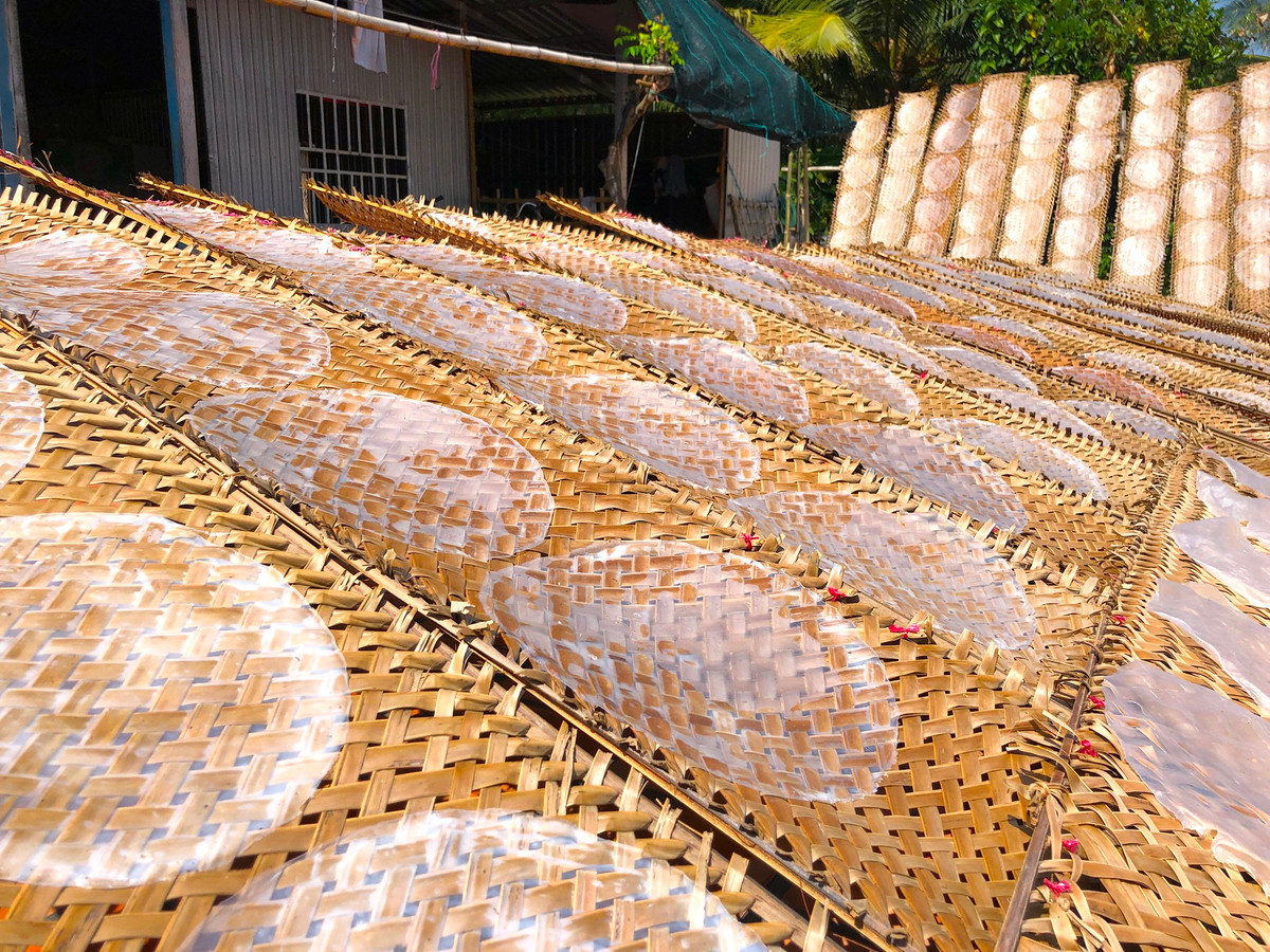 Vất vả là thế nhưng thu nhập tăng gấp đôi, gấp ba so với ngày thường. Nếu bình thường tráng 3 - 5 ngày là nghỉ đến khi bán hết bánh mới tráng tiếp nên trung bình mỗi ngày bà Giáo chỉ thu lãi 200.000 – 300.000 đồng. Nhưng vào đợt Tết, mỗi ngày bà có thể lãi hơn 1 triệu đồng. Vì vậy nên ở làng nghề bánh tráng ai cũng háo hức, tranh thủ làm để gia tăng thu nhập dịp Tết - Ảnh: Kim Hà.