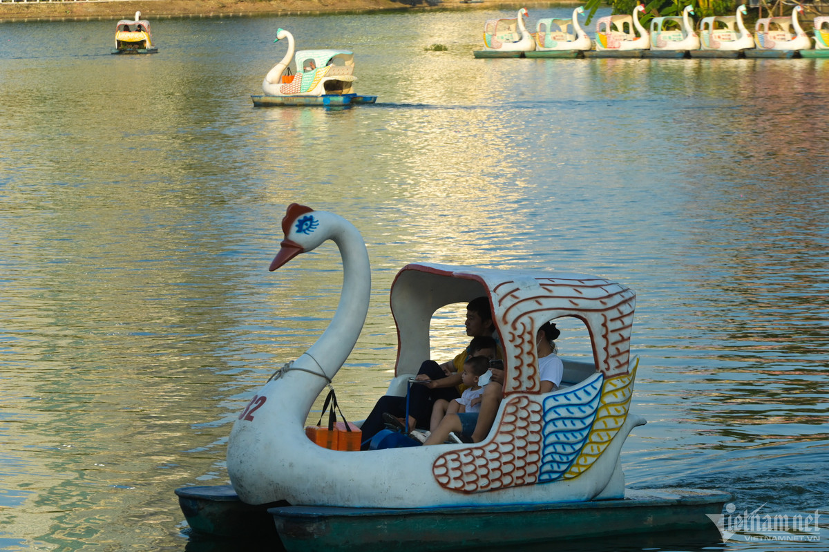 Một vài gia đình, cặp đôi chọn đi đạp vịt ở hồ Trúc Bạch trong buổi chiều nắng nhẹ.