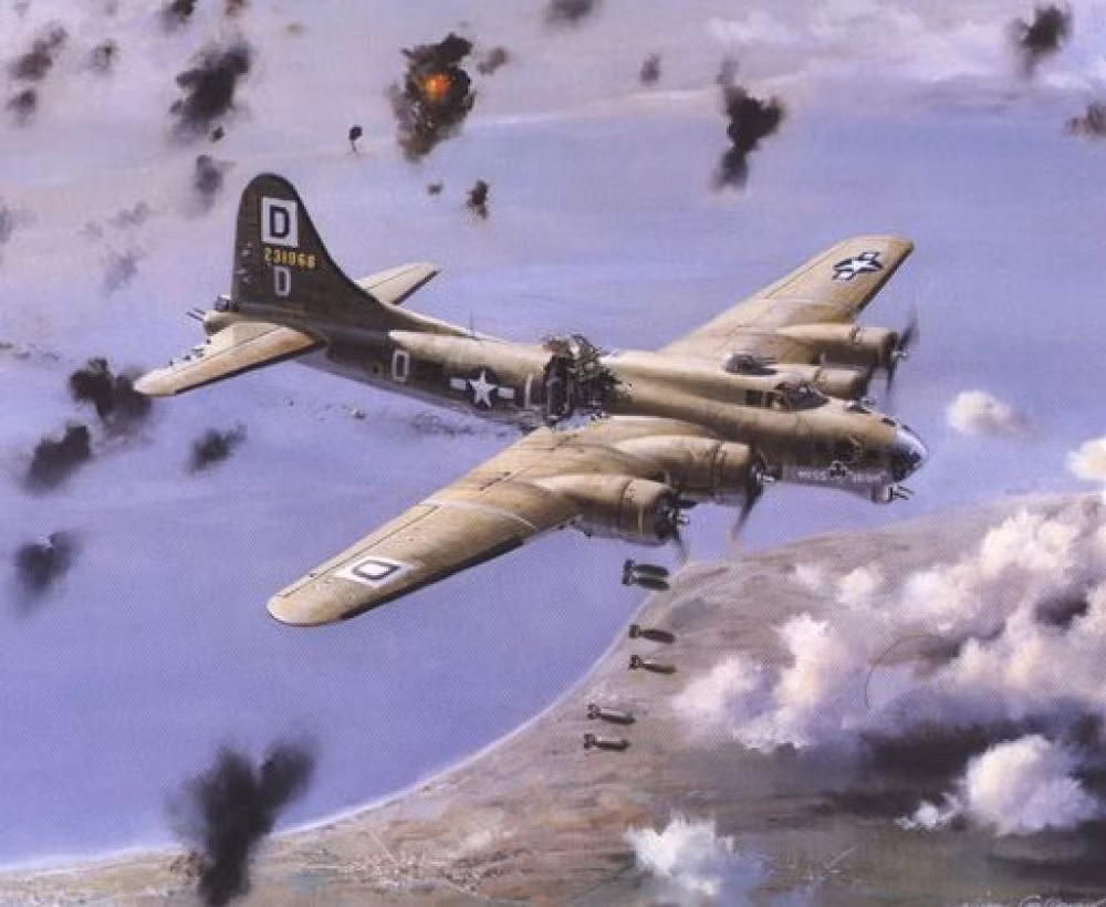  11. Máy bay ném bom B-17 Flying Fortress. Máy bay B-17 của Mỹ là một trong những máy bay ném bom nổi tiếng nhất của Thế chiến II. Với sức mạnh và tầm bay xa, B-17 thực hiện các cuộc tấn công từ trên cao nhắm vào các mục tiêu chiến lược như nhà máy và cầu đường của phe Trục, đặc biệt là tại Đức. Ảnh: Pinterest.