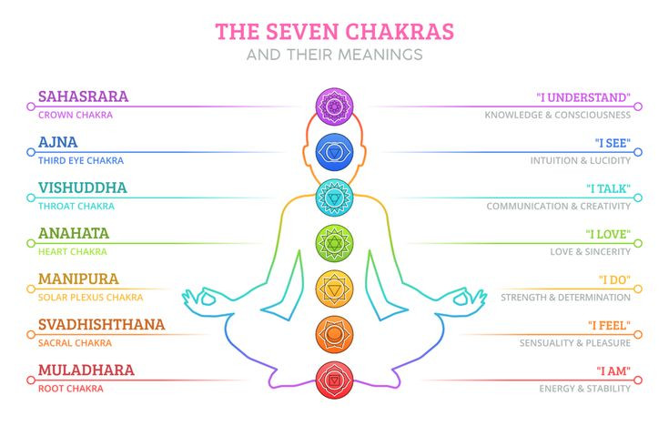  3. Hệ thống 7 chakra chính. Hệ thống phổ biến nhất xác định 7 chakra chính nằm dọc theo cột sống, từ đáy cột sống đến đỉnh đầu, gồm Muladhara (Chakra gốc), Svadhisthana (Chakra xương cùng)... Ảnh: Pinterest.