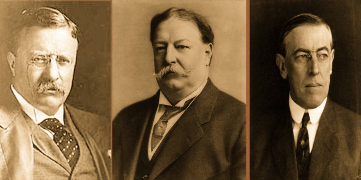  5. 1912: Woodrow Wilson vs. William Taft vs. Theodore Roosevelt. Cuộc bầu cử này có sự tham gia của ba ứng viên, bao gồm Roosevelt, cựu tổng thống đã lập ra Đảng Tiến bộ sau khi không được đề cử từ Đảng Cộng hòa. Cuộc đua ba người đã chia rẽ phiếu của Đảng Cộng hòa, giúp ứng viên Đảng Dân chủ Woodrow Wilson giành chiến thắng. Ảnh: Brewminate.