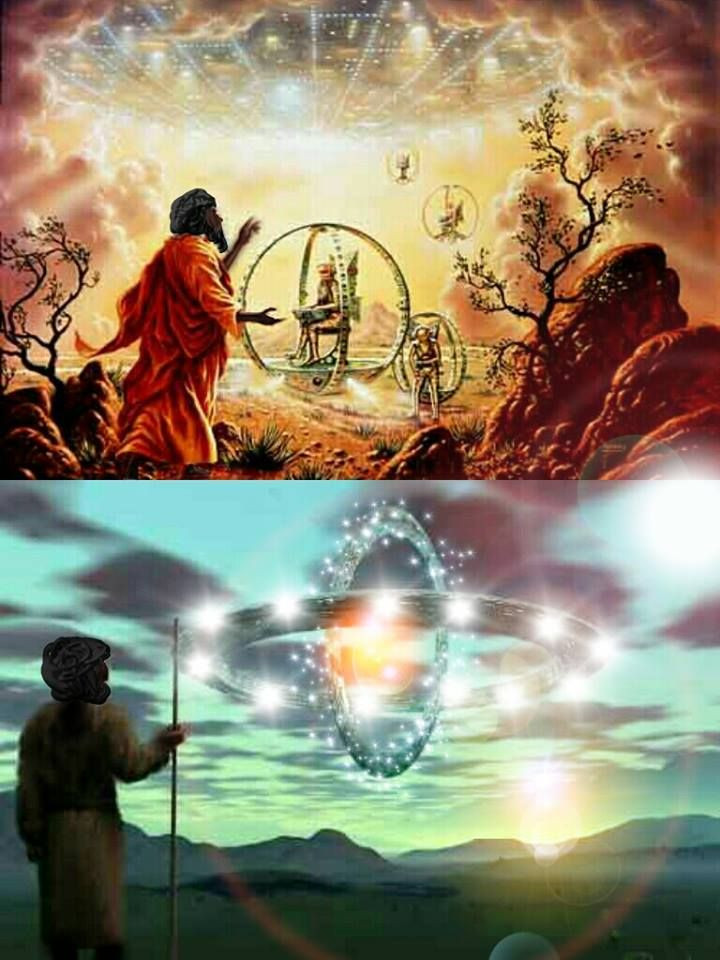  2. Sự kiện Xe ngựa của Ezekiel. Trong Kinh Thánh, sách Ezekiel mô tả một vật thể bay với hình dạng đặc biệt và phát ra ánh sáng mạnh. Nhiều nhà nghiên cứu UFO hiện đại cho rằng mô tả này có thể là ghi chép sớm về một cuộc chạm trán với UFO. Ảnh: Pinterest.