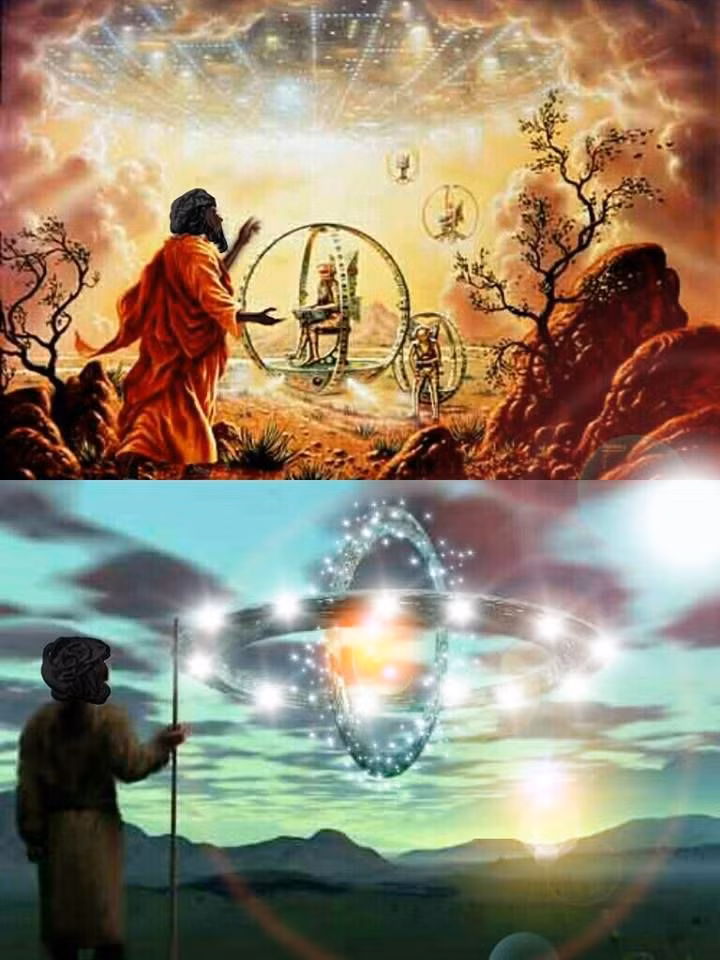  2. Sự kiện Xe ngựa của Ezekiel. Trong Kinh Thánh, sách Ezekiel mô tả một vật thể bay với hình dạng đặc biệt và phát ra ánh sáng mạnh. Nhiều nhà nghiên cứu UFO hiện đại cho rằng mô tả này có thể là ghi chép sớm về một cuộc chạm trán với UFO. Ảnh: Pinterest.