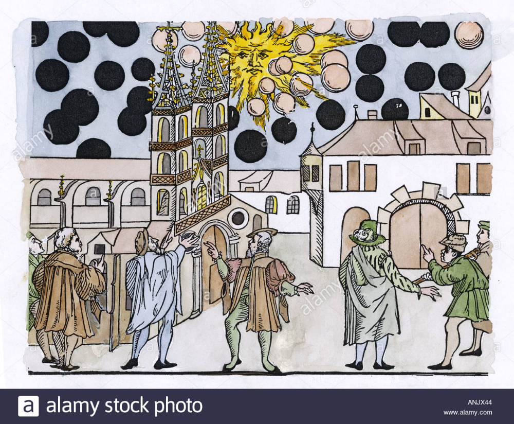  7. Sự kiện Basel năm 1566. Tại Basel, Thụy Sĩ, nhiều người báo cáo đã nhìn thấy các "quả cầu đen" bay ngang bầu trời và dường như đang "chiến đấu" với nhau. Hình ảnh về hiện tượng này được ghi lại bởi họa sĩ Samuel Coccius. Ảnh: Pinterest.