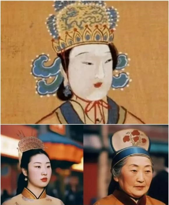  4. Võ Tắc Thiên: Võ Tắc Thiên thường được biết đến với cái tên Võ Mỵ Nương, bà là nữ Hoàng đế duy nhất trong lịch sử Trung Quốc với gương mặt xinh đẹp. Bức tranh chân dung phổ biến nhất của vị Nữ đế ấy chính là bức họa bà đội mũ phượng. Sau khi được AI vẽ lại, Võ Tắc Thiên có một khuôn mặt thanh thoát hơn nhiều so với tranh vẽ thời nhà Minh. Bà có một làn da trắng, môi mọng đỏ, ngoại hình xinh đẹp theo đúng tiêu chuẩn của người thời Đường. 