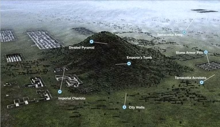  10. Mô hình thu nhỏ của vũ trụ. Lăng mộ Tần Thủy Hoàng được cho là mô phỏng vũ trụ thu nhỏ với các vì sao, mặt trời và mặt trăng được trang trí bằng ngọc quý và thủy ngân để biểu trưng cho các con sông. Ảnh: Pinterest.