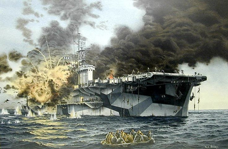  2. Chiến dịch Kamikaze quy mô lớn đầu tiên. Đây là lần đầu tiên Nhật Bản sử dụng chiến thuật Kamikaze trên quy mô lớn. Phi công tự sát của Nhật dùng máy bay chứa đầy bom đã đánh chìm một số tàu Đồng minh, đáng kể nhất là tàu sân bay St. Lo. Ảnh: Pinterest.